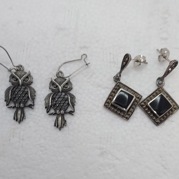 Pewter Owl Studs marked .925 & Square Marcasite Onyx Drop LOT of two - Picture 1 of 11